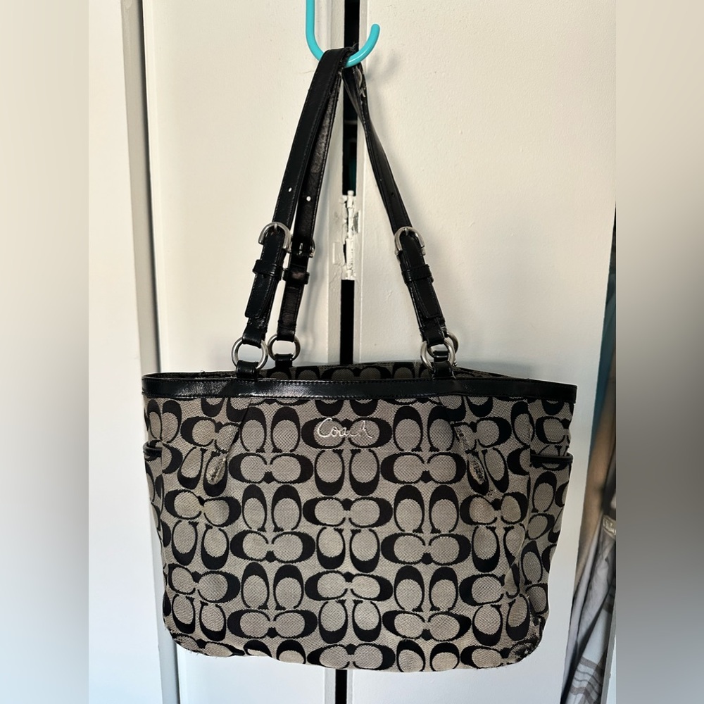 Vintage Coach Tote Bag (black and grey monogram with blue interior)